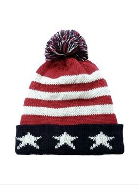 American Flag Knit Colorblock Beannie with Pom Unisex Cap